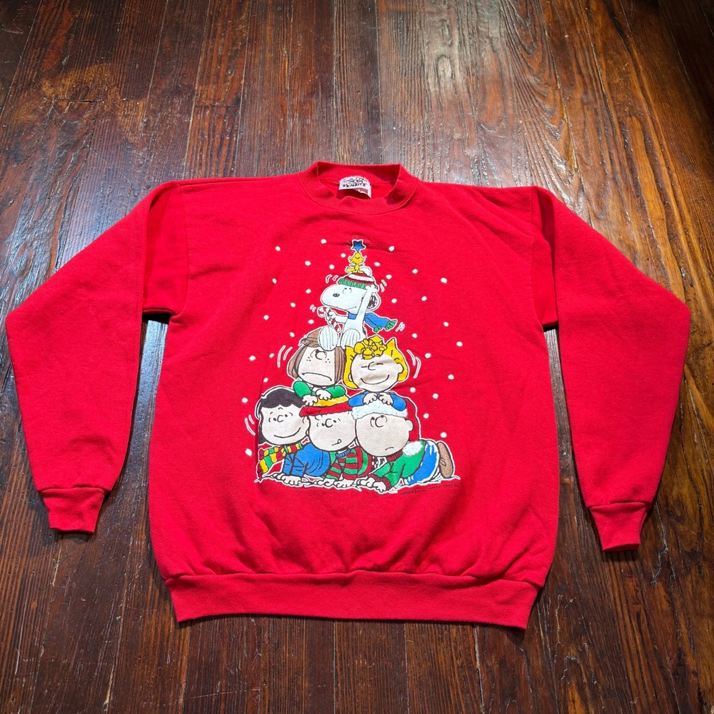 Vintage 90s Peanuts Sweatshirt Mens XL Red Christmas Snoopy Charlie Brown USA